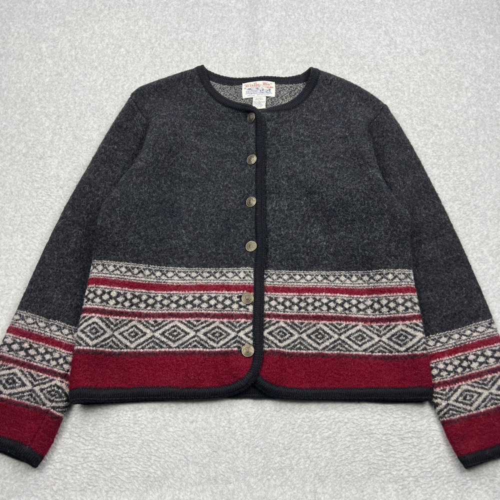 VTG Tally-Ho Cardigan Women's Large Gray Fair Isle 100% Wool Button Up Sweater